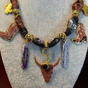 Western-Inspired Boho Brown and Black Charm Necklace - Gold Accents